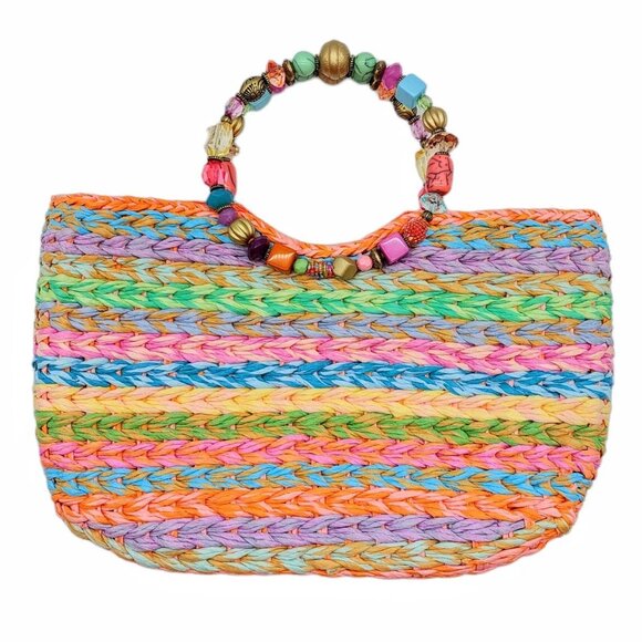 Cappelli Rainbow Jeweled Woven Handbag With Beaded Double Handle - Picture 3 of 14